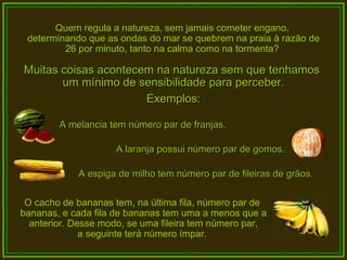 Quem regula a natureza, sem jamais cometer engano,  determinando que as ondas do mar se quebrem na praia à razão de 26 por minuto, tanto na calma como na tormenta?  Muitas coisas acontecem na natureza sem que tenhamos  um mínimo de sensibilidade para perceber. Exemplos: A melancia tem número par de franjas. A laranja possui número par de gomos. A espiga de milho tem número par de fileiras de grãos. O cacho de bananas tem, na última fila, número par de  bananas, e cada fila de bananas tem uma a menos que a anterior. Desse modo, se uma fileira tem número par,  a seguinte terá número ímpar.  