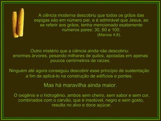 A ciência moderna descobriu que todos os grãos das espigas são em número par, e é admirável que Jesus, ao se referir aos grãos, tenha mencionado exatamente números pares: 30, 60 e 100. (Marcos 4:8). Outro mistério que a ciência ainda não descobriu:  enormes árvores, pesando milhares de quilos, apoiadas em apenas poucos centímetros de raízes. Ninguém até agora conseguiu descobrir esse princípio de sustentação a fim de aplicá-lo na construção de edifícios e pontes. Mas há maravilha ainda maior. O oxigênio e o hidrogênio, ambos sem cheiro, sem sabor e sem cor, combinados com o carvão, que é insolúvel, negro e sem gosto,  resulta no alvo e doce açúcar. 