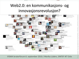 Web2.0: en kommunikasjons- og innovasjonsrevolusjon? VISMA brukerforum 6. september 2010 / Marika Lüders, SINTEF IKT Oslo http://www.neuroproductions.be/twitter_friends_network_browser/ 