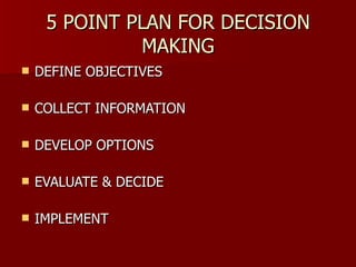 5 POINT PLAN FOR DECISION MAKING DEFINE OBJECTIVES COLLECT INFORMATION DEVELOP OPTIONS EVALUATE & DECIDE IMPLEMENT 