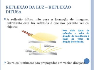 REFLEXÃO DA LUZ – REFLEXÃO 
DIFUSA 
 A reflexão difusa não gera a formação de imagens, 
entretanto esta luz refletida é que nos permite ver os 
objetos; 
Nos dois tipos de 
reflexão, o valor do 
ângulo de incidência é 
igual ao valor do 
ângulo de reflexão. 
 Os raios luminosos são propagados em várias direções. 
 