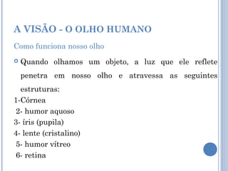 A VISÃO - O OLHO HUMANO 
Como funciona nosso olho 
 Quando olhamos um objeto, a luz que ele reflete 
penetra em nosso olho e atravessa as seguintes 
estruturas: 
1-Córnea 
2- humor aquoso 
3- íris (pupila) 
4- lente (cristalino) 
5- humor vítreo 
6- retina 
 
