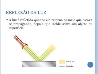 REFLEXÃO DA LUZ 
 A luz é refletida quando ela retorna ao meio que estava 
se propagando, depois que incide sobre um objeto ou 
superfície; 
 