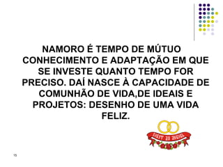 NAMORO É TEMPO DE MÚTUO CONHECIMENTO E ADAPTAÇÃO EM QUE SE INVESTE QUANTO TEMPO FOR PRECISO. DAÍ NASCE À CAPACIDADE DE COMUNHÃO DE VIDA,DE IDEAIS E PROJETOS: DESENHO DE UMA VIDA FELIZ. 