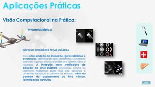 Aplicações Práticas
Visão Computacional na Prática:
Automobilístico
INSPEÇÃO AUTOMÁTICA PEÇAS USINADAS
Com uma estação de inspeção, gera relatórios e
estatísticas, identificando tipos de defeitos. O operador
posiciona a peça, aciona a análise, e o sistema indica o
resultado. A inspeção inclui verificação de
posição do anel elástico, orientação correta do
rolamento magnético para freios ABS, presença e
dimensões de roscas e chanfros de entrada, além do
controle do acabamento do furo cônico,
identificando ranhuras.
 