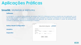 SmartM: Materiais e Métodos
Software:
A concepção da solução para inspeção de baterias (TAB CUT e Estampa) envolve a criação de uma aplicação, o uso
de recursos mecânicos e eletrônicos onde a parte que compete a software é composta por uma aplicação desktop
para configuração, execução e monitoramento da operação de inspeção de bateria. A parte do protótipo que
consiste na aplicação desktop foi dividido em 3 módulos:
Battery Model Configuration
Analytics
Inspection
Aplicações Práticas
 