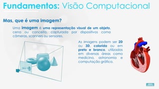 Mas, que é uma imagem?
Uma imagem é uma representação visual de um objeto,
cena ou conceito, capturada por dispositivos como
câmeras, scanners ou sensores.
As imagens podem ser 2D
ou 3D, colorida ou em
preto e branco, utilizadas
em diversas áreas como
medicina, astronomia e
computação gráfica.
Fundamentos: Visão Computacional
 