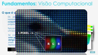 O que é um pixel?
Os pixels constituem os elementos fundamentais de uma imagem,
representando sua estrutura primária. Cada imagem é composta por um
conjunto de pixels, sendo impossível uma granularidade mais fina do que o
próprio pixel.
Tipicamente, um pixel é atribuído a "cor" ou a "intensidade" da luz em
um local específico na imagem.
Se concebermos uma imagem como
uma grade, cada quadrado nessa grade
abriga um único pixel. A maioria dos
pixels é categorizada em duas
representações: escala de cinza e cor.
Branco - RGB (255,255,255)
Azul - RGB (0,0,255)
Vermelho - RGB (255,0,0)
Verde - RGB (0,255,0)
Amarelo - RGB (255,255,0)
Magenta - RGB (255,0,255)
Ciano - RGB (0,255,255)
Preto - RGB (0,0,0)
Fundamentos: Visão Computacional
 