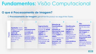 O que é Processamento de Imagem?
Fundamentos: Visão Computacional
O Processamento de Imagem geralmente possui as seguintes fases:
Pós-
processamento:
ao fim do ciclo
de
Processamento
de Imagem, a
imagem
resultante é pós
processada para
melhorar
aparência,
remover artefatos
ou aplicar efeitos
especiais.
6
Classificação:
essa etapa
classifica as
regiões ou
objetos em
categorias pré-
determinadas
com base em
suas
características
extraídas.
5
Extração de
Características:
aqui são
extraídas as
informações mais
relevantes de
cada região ou
objeto
segmentado tais
como: forma,
tamanho, cor,
textura entre
outros.
4
Segmentação:
essa etapa tem a
função de dividir
a imagem em
regiões ou
objetos de
interesse com
base em
propriedade de
intensidade, cor
ou textura.
3
Pré-
processamento:
a imagem é
normalizada,
filtrada e
corrigida para
remover ruídos e
imperfeições ou
distorções.
2
Aquisição: nesta
etapa a imagem
é obtida por
meios de
dispositivos de
aquisição como
uma câmera,
scanner ou
sensor.
1
Fases
 