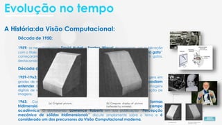 A História da Visão Computacional:
Década de 1950:
1959: os neurofisiologistas David Hubel e Torsten Wiesel descreveram, em publicação
com o título “Campos receptivos de neurônios únicos no córtex estriado do gato”
começaram a colaborar na observação de respostas cerebrais a imagens em gatos,
destacando o processamento inicial de formas simples como bordas.
Década de 1960:
1959-1963: Russell Kirsch desenvolveu dispositivo que permitia transformar imagens em
grades de números - então surge a linguagem binária que as máquinas podiam
entender. E por causa do trabalho dele que na atualidade é possível processar imagens
digitais de variadas formas. Desenvolvimento da primeira tecnologia de digitalização de
imagens.
1963: Computadores transformam imagens bidimensionais em formas
tridimensionais e o surgimento da Inteligência Artificial (IA) como campo
acadêmico. O doutorando, Lawrence Roberts em sua publicação “Percepção
mecânica de sólidos tridimensionais” discute amplamente sobre o tema e é
considerado um dos precursores da Visão Computacional moderna.
A História:
Evolução no tempo
 