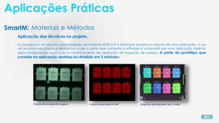 SmartM: Materiais e Métodos
Aplicação das técnicas no projeto.
A concepção da solução para inspeção de baterias (TAB CUT e Estampa) envolve a criação de uma aplicação, o uso
de recursos mecânicos e eletrônicos onde a parte que compete a software é composta por uma aplicação desktop
para configuração, execução e monitoramento da operação de inspeção de bateria. A parte do protótipo que
consiste na aplicação desktop foi dividido em 3 módulos:
Processo de anotação de imagens Output da rede Mask R-CNN Output da rede RetinaNet, libs e redes
Aplicações Práticas
 