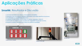 SmartM:
1. Aumento da eficiência ao reduzir a necessidade de retrabalho;
Output da tela de inspeção
Sistema Pick-By-Light
Bancada Final
2. Redução ou até eliminação de descarte relacionado a essa etapa específica do processo;
3. Possibilidade de rastreabilidade do produto;
6. Relatórios analíticos de peças fora e dentro do padrão de qualidade.
4. Inspeção de todas as baterias em ambos os critérios, impressão e TAB CUT;
5. Diminuição da margem de erros causados pela capacidade de operação humana;
Resultados e Discussão
Aplicações Práticas
 