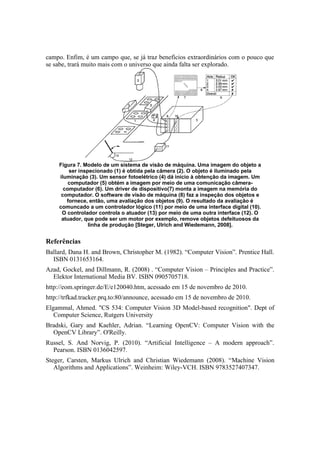 campo. Enfim, é um campo que, se já traz benefícios extraordinários com o pouco que
se sabe, trará muito mais com o universo que ainda falta ser explorado.
Figura 7. Modelo de um sistema de visão de máquina. Uma imagem do objeto a
ser inspecionado (1) é obtida pela câmera (2). O objeto é iluminado pela
iluminação (3). Um sensor fotoelétrico (4) dá início à obtenção da imagem. Um
computador (5) obtém a imagem por meio de uma comunicação câmera-
computador (6). Um driver de dispositivo(7) monta a imagem na memória do
computador. O software de visão de máquina (8) faz a inspeção dos objetos e
fornece, então, uma avaliação dos objetos (9). O resultado da avaliação é
comuncado a um controlador lógico (11) por meio de uma interface digital (10).
O controlador controla o atuador (13) por meio de uma outra interface (12). O
atuador, que pode ser um motor por exemplo, remove objetos defeituosos da
linha de produção [Steger, Ulrich and Wiedemann, 2008].
Referências
Ballard, Dana H. and Brown, Christopher M. (1982). “Computer Vision”. Prentice Hall.
ISBN 0131653164.
Azad, Gockel, and Dillmann, R. (2008) . “Computer Vision – Principles and Practice”.
Elektor International Media BV. ISBN 0905705718.
http://eom.springer.de/E/e120040.htm, acessado em 15 de novembro de 2010.
http://trfkad.tracker.prq.to:80/announce, acessado em 15 de novembro de 2010.
Elgammal, Ahmed. "CS 534: Computer Vision 3D Model-based recognition". Dept of
Computer Science, Rutgers University
Bradski, Gary and Kaehler, Adrian. “Learning OpenCV: Computer Vision with the
OpenCV Library”. O'Reilly.
Russel, S. And Norvig, P. (2010). “Artificial Intelligence – A modern approach”.
Pearson. ISBN 0136042597.
Steger, Carsten, Markus Ulrich and Christian Wiedemann (2008). “Machine Vision
Algorithms and Applications”. Weinheim: Wiley-VCH. ISBN 9783527407347.
 