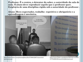 Professor- É o centro, o detentor do saber, a autoridade da sala de aula. O aluno deve reproduzir aquilo que o professor quer. Exigência de uma disciplina rígida sob a autoridade do professor .  Aluno- Mero expectador, trabalho  repetitivo e obrigatório e a aprendizagem é mecânica. http://www.flickr.com/photos/ghbicalho/5769832907/sizes/z/in/photostream/ http://www.flickr.com/photos/59576571@N02/5772296049/sizes/z/in/photostream/ 