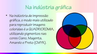 Na indústria gráfica
• Na indústria de impressão
gráfica, o modo mais utilizado
para reproduzir imagens
coloridas é a QUADRICROMIA,
utilizando pigmentos nas
cores Ciano, Magenta,
Amarelo e Preto (CMYK).
 