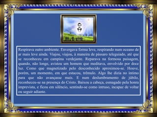 Respirava outro ambiente. Envergava forma leve, respirando num oceano de
ar mais leve ainda. Viajou, viajou, à maneira de pássaro teleguiado, até que
se reconheceu em campina verdejante. Reparava na formosa paisagem,
quando, não longe, avistou um homem que meditava, envolvido por doce
luz. Como que magnetizado pelo desconhecido aproximou-se. Houve,
porém, um momento, em que estacou, trêmulo. Algo lhe dizia no íntimo
para que não avançasse mais. E num deslumbramento de júbilo,
reconheceu-se na presença do Cristo. Baixou a cabeça, esmagado pela honra
imprevista, e ficou em silêncio, sentindo-se como intruso, incapaz de voltar
ou seguir adiante.
 