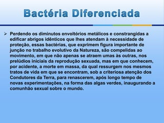  Perdendo os diminutos envoltórios metálicos e constrangidas a
edificar abrigos idênticos que lhes atendam à necessidade de
proteção, essas bactérias, que exprimem figura importante de
junção no trabalho evolutivo da Natureza, são compelidas ao
movimento, em que não apenas se atraem umas às outras, nos
prelúdios iniciais da reprodução sexuada, mas em que conhecem,
por acidente, a morte em massa, da qual ressurgem nos mesmos
tratos de vida em que se encontram, sob a criteriosa atenção dos
Condutores da Terra, para renascerem, após longo tempo de
novas experimentações, na forma das algas verdes, inaugurando a
comunhão sexual sobre o mundo.
 
