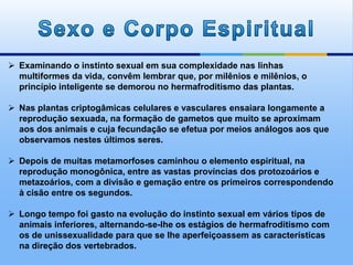 Examinando o instinto sexual em sua complexidade nas linhas
multiformes da vida, convêm lembrar que, por milênios e milênios, o
princípio inteligente se demorou no hermafroditismo das plantas.
 Nas plantas criptogâmicas celulares e vasculares ensaiara longamente a
reprodução sexuada, na formação de gametos que muito se aproximam
aos dos animais e cuja fecundação se efetua por meios análogos aos que
observamos nestes últimos seres.
 Depois de muitas metamorfoses caminhou o elemento espiritual, na
reprodução monogônica, entre as vastas províncias dos protozoários e
metazoários, com a divisão e gemação entre os primeiros correspondendo
à cisão entre os segundos.
 Longo tempo foi gasto na evolução do instinto sexual em vários tipos de
animais inferiores, alternando-se-lhe os estágios de hermafroditismo com
os de unissexualidade para que se lhe aperfeiçoassem as características
na direção dos vertebrados.
 