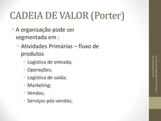 	Diferenciação;Essa vantagens combinadas ao escopo de uma determinada indústria, foram identificadas por Porter como as três estratégias genéricas de competição:Diferenciação;