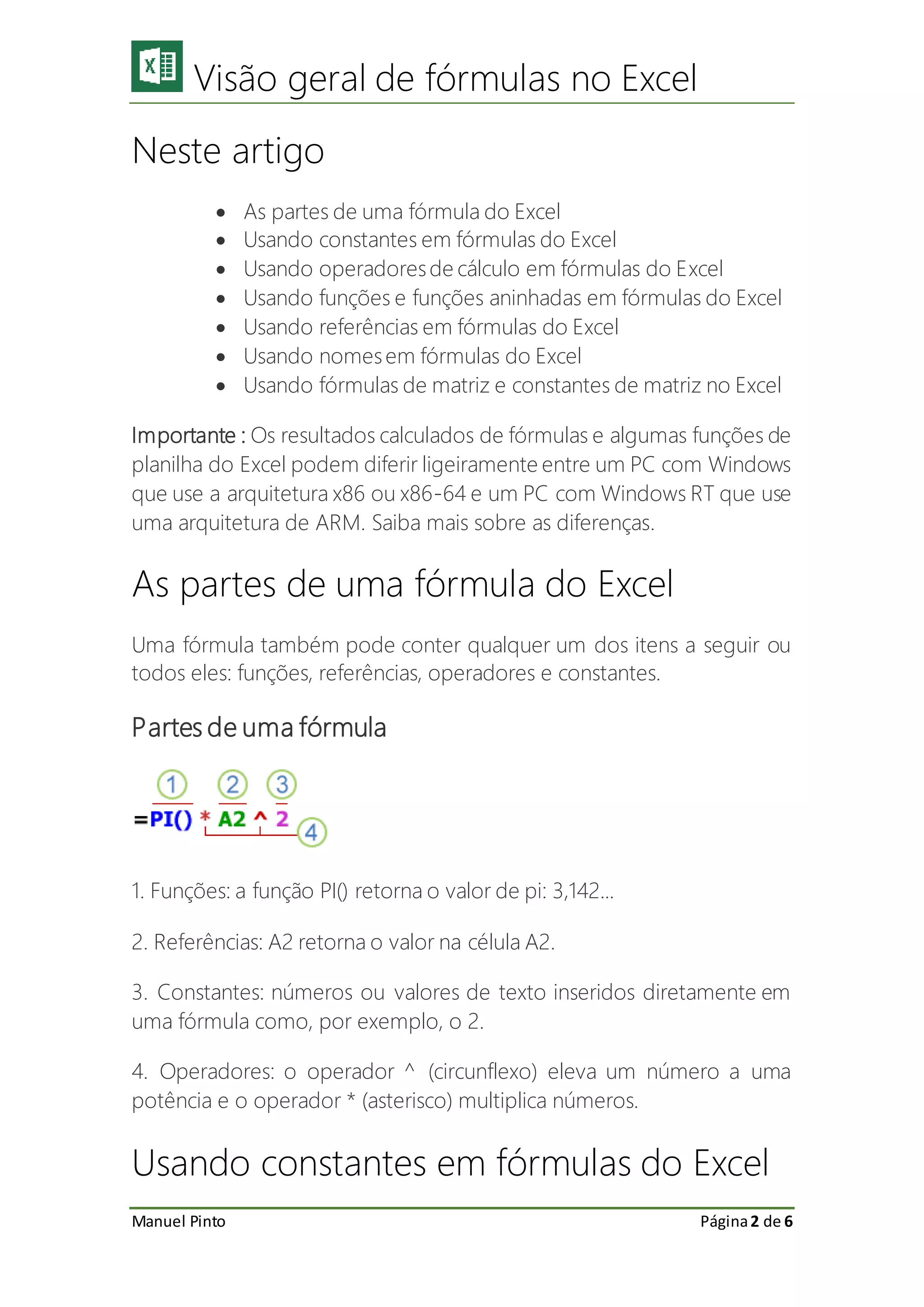 Visão geral de fórmulas no excel | PDF
