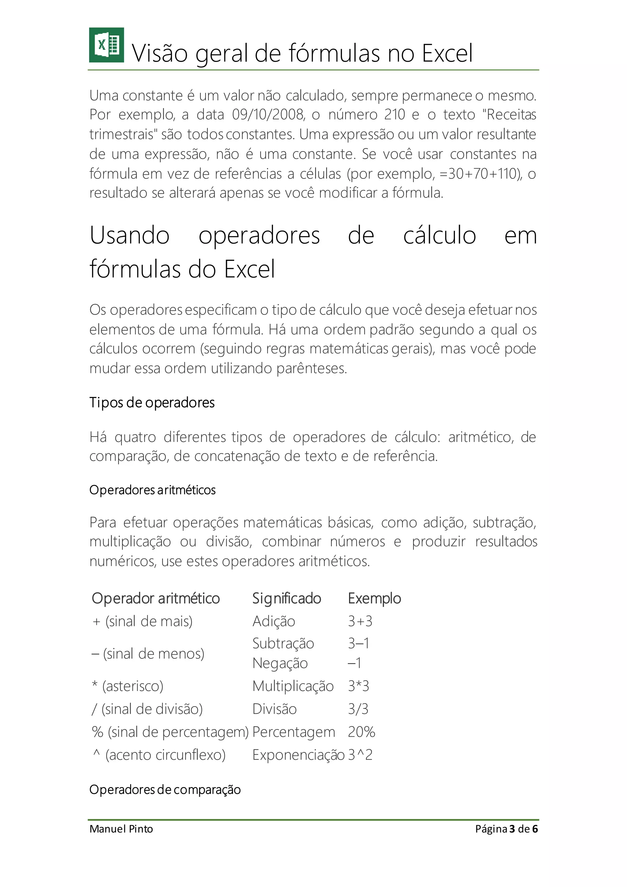 Visão geral de fórmulas no excel | PDF