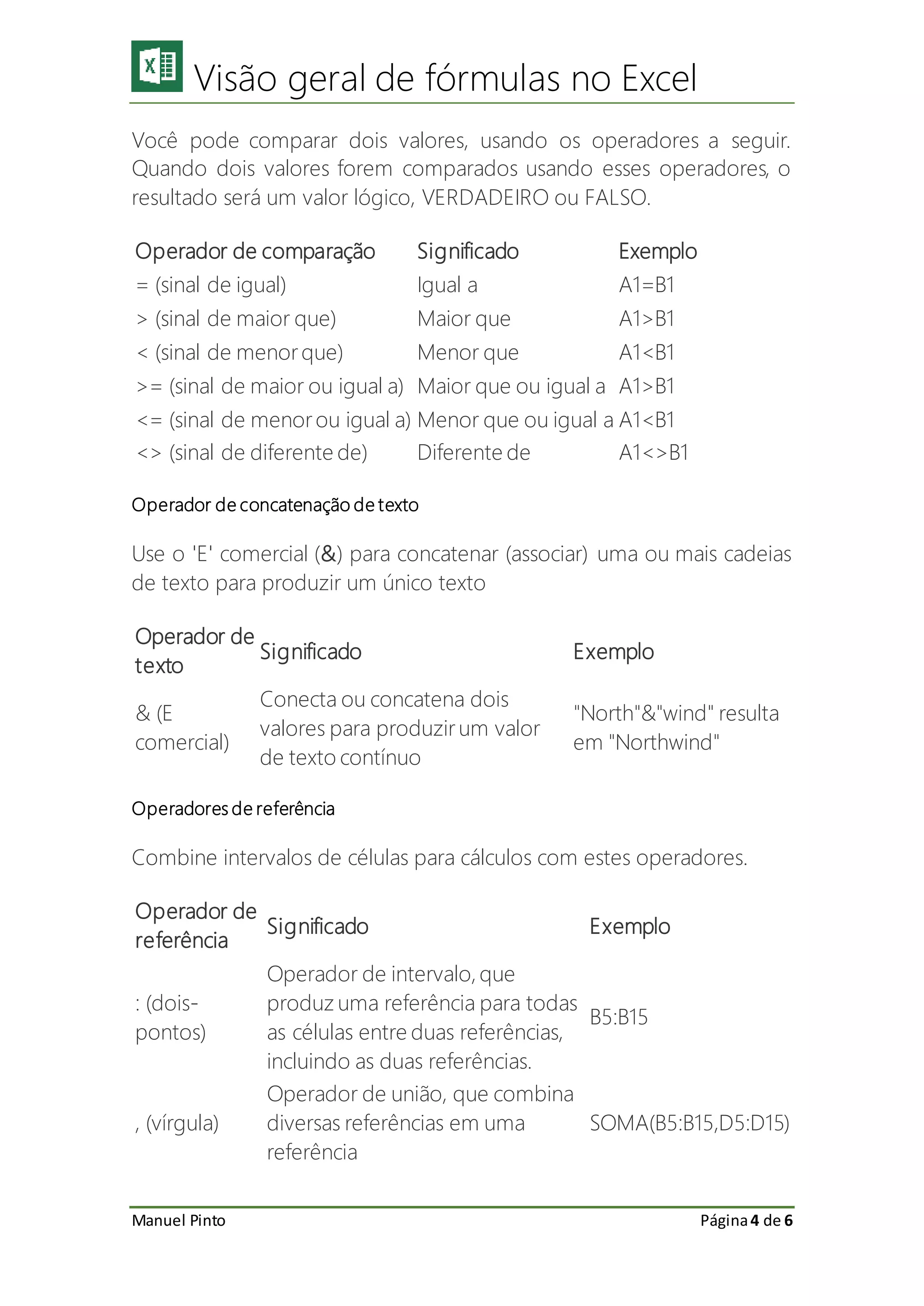 Visão geral de fórmulas no excel | PDF