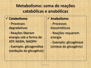 Metabolismo: soma de reações
         catabólicas e anabólicas
 Catabolismo:                   Anabolismo:
  - Processos                     - Processos
  degradativos                    biossintéticos
  - Reações liberam               - Reações requerem
  energia sob a forma de          energia
  ATP, NADH, NADPH                - Exemplo: glicogênese
  - Exemplo: glicogenólise        (síntese do glicogênio)
  (oxidação do glicogênio)


                        Profª Kasue
 