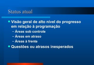 Status atual Visão geral de alto nível do progresso em relação à programação Áreas sob controle Áreas em atraso Áreas à frente Questões ou atrasos inesperados 