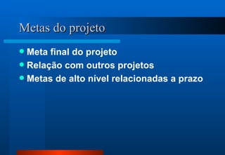 Metas do projeto Meta final do projeto Relação com outros projetos Metas de alto nível relacionadas a prazo 