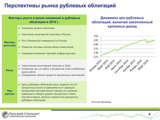 Перспективы рынка рублевых облигаций
4
Динамика цен рублевых
облигаций, включая накопленный
купонных доход
Факторы роста и риски вложений в рублевые
облигации в 2014 г.
Факторы
роста цен
• Снижение уровня инфляции;
• Смягчение монетарной политики в России;
• Рост банковской ликвидности в России;
• Развитие системы коллективных инвестиций;
• Совершенствование торговой инфраструктуры.
Риски
• Ужесточение монетарной политики в США;
• Снижение цен на нефть и вызванное этим ослабление
курса рубля;
• Сокращение темпов прироста пенсионных накоплений.
Наш
прогноз
• Цены рублевых облигаций могут вырасти на 0,5
процентных пункта в зависимости от дюрации
вследствие экономического тренда на снижение
инфляции и общего уровня процентных ставок.
Соответственно, должна сократиться доходность
рублевых облигаций.
Источник: Bloomberg
 