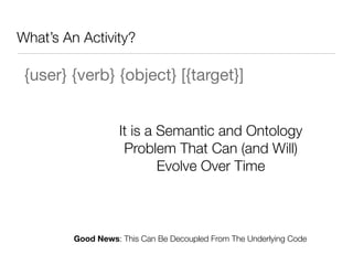 What’s An Activity?

 {user} {verb} {object} [{target}]


                    It is a Semantic and Ontology
                     Problem That Can (and Will)
                            Evolve Over Time



         Good News: This Can Be Decoupled From The Underlying Code
                                                                     11
 