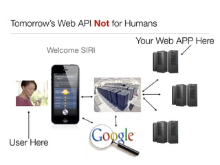 Tomorrow’s Web API Not for Humans
                            Your Web APP Here
        Welcome SIRI




User Here
                                            6
 