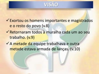 VISÃO

Exortou os homens importantes e magistrados
 e o resto do povo (v.8)
Retornaram todos à muralha cada um ao seu
 trabalho. (v.9)
A metade da equipe trabalhava e outra
 metade estava armada de lanças. (v.10)
 