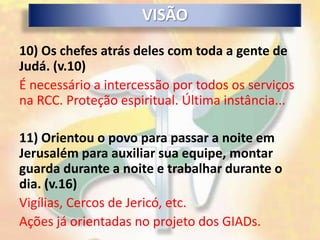 VISÃO
10) Os chefes atrás deles com toda a gente de
Judá. (v.10)
É necessário a intercessão por todos os serviços
na RCC. Proteção espiritual. Última instância...

11) Orientou o povo para passar a noite em
Jerusalém para auxiliar sua equipe, montar
guarda durante a noite e trabalhar durante o
dia. (v.16)
Vigílias, Cercos de Jericó, etc.
Ações já orientadas no projeto dos GIADs.
 