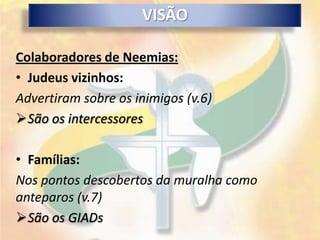 VISÃO

Colaboradores de Neemias:
• Judeus vizinhos:
Advertiram sobre os inimigos (v.6)
São os intercessores

• Famílias:
Nos pontos descobertos da muralha como
anteparos (v.7)
São os GIADs
 