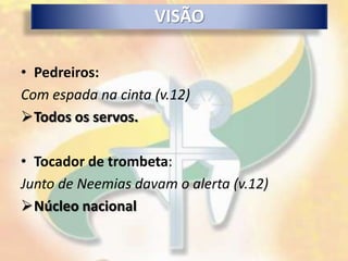 VISÃO

• Pedreiros:
Com espada na cinta (v.12)
Todos os servos.

• Tocador de trombeta:
Junto de Neemias davam o alerta (v.12)
Núcleo nacional
 
