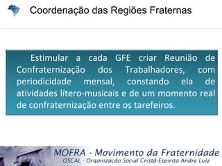 Coordenação das Regiões FraternasCoordenação das Regiões Fraternas
Estimular a cada GFE criar Reunião de
Confraternização dos Trabalhadores, com
periodicidade mensal, constando ela de
atividades lítero-musicais e de um momento real
de confraternização entre os tarefeiros.
 