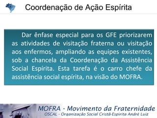 Coordenação de Ação EspíritaCoordenação de Ação Espírita
Dar ênfase especial para os GFE priorizarem
as atividades de visitação fraterna ou visitação
aos enfermos, ampliando as equipes existentes,
sob a chancela da Coordenação da Assistência
Social Espírita. Esta tarefa é o carro chefe da
assistência social espírita, na visão do MOFRA.
 