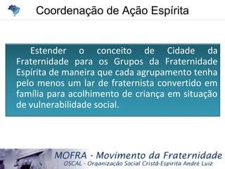 Coordenação de Ação EspíritaCoordenação de Ação Espírita
Estender o conceito de Cidade da
Fraternidade para os Grupos da Fraternidade
Espírita de maneira que cada agrupamento tenha
pelo menos um lar de fraternista convertido em
família para acolhimento de criança em situação
de vulnerabilidade social.
 