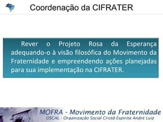Coordenação da CIFRATERCoordenação da CIFRATER
Rever o Projeto Rosa da Esperança
adequando-o à visão filosófica do Movimento da
Fraternidade e empreendendo ações planejadas
para sua implementação na CIFRATER.
 