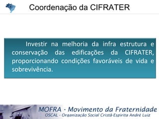 Coordenação da CIFRATERCoordenação da CIFRATER
Investir na melhoria da infra estrutura e
conservação das edificações da CIFRATER,
proporcionando condições favoráveis de vida e
sobrevivência.
 