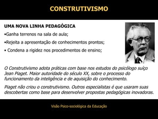 CONSTRUTIVISMO Piaget não criou o construtivismo. Outros especialistas é que usaram suas descobertas como base para desenvolver propostas pedagógicas inovadoras. UMA NOVA LINHA PEDAGÓGICA Ganha terrenos na sala de aula; Rejeita a apresentação de conhecimentos prontos; Condena a rigidez nos procedimentos de ensino; O Construtivismo adota práticas com base nos estudos do psicólogo suíço Jean Piaget. Maior autoridade do século XX, sobre o processo do funcionamento da inteligência e de aquisição do conhecimento. 
