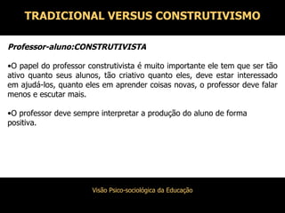 Professor-aluno:CONSTRUTIVISTA O papel do professor construtivista é muito importante ele tem que ser tão ativo quanto seus alunos, tão criativo quanto eles, deve estar interessado em ajudá-los, quanto eles em aprender coisas novas, o professor deve falar menos e escutar mais. O professor deve sempre interpretar a produção do aluno de forma positiva. TRADICIONAL VERSUS CONSTRUTIVISMO 