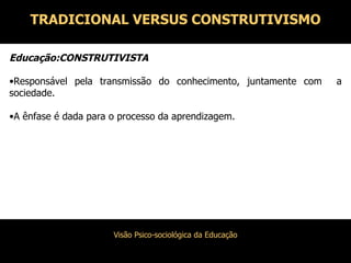 Educação:CONSTRUTIVISTA Responsável pela transmissão do conhecimento, juntamente com  a sociedade. A ênfase é dada para o processo da aprendizagem. TRADICIONAL VERSUS CONSTRUTIVISMO 