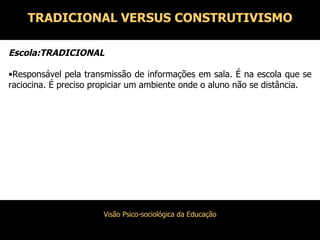 Escola:TRADICIONAL Responsável pela transmissão de informações em sala. É na escola que se raciocina. É preciso propiciar um ambiente onde o aluno não se distância. TRADICIONAL VERSUS CONSTRUTIVISMO 