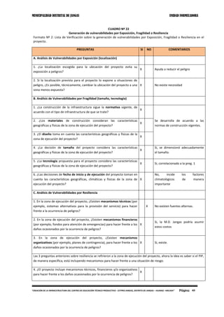 MUNICIPALIDAD DISTRITAL DE JANGAS UNIDAD FORMULADORA
Página 49“CREACIÓN DE LA INFRAESTRUCTURA DEL CENTRO DE EDUCACIÓN TÉCNICO PRODUCTIVO - CETPRO JANGAS, DISTRITO DE JANGAS – HUARAZ –ANCASH”
CUADRO Nº 22
Generación de vulnerabilidades por Exposición, Fragilidad o Resiliencia
Formato Nº 2: Lista de Verificación sobre la generación de vulnerabilidades por Exposición, Fragilidad o Resiliencia en el
proyecto.
PREGUNTAS SI NO COMENTARIOS
A. Análisis de Vulnerabilidades por Exposición (localización)
1. ¿La localización escogida para la ubicación del proyecto evita su
exposición a peligros?
X Ayuda a reducir el peligro
2. Si la localización prevista para el proyecto lo expone a situaciones de
peligro, ¿Es posible, técnicamente, cambiar la ubicación del proyecto a una
zona menos expuesta?
X No existe necesidad
B. Análisis de Vulnerabilidades por Fragilidad (tamaño, tecnología)
1. ¿La construcción de la infraestructura sigue la normativa vigente, de
acuerdo con el tipo de infraestructura de que se trate?
X
Se desarrolla de acuerdo a las
normas de construcción vigentes.
2. ¿Los materiales de construcción consideran las características
geográficas y físicas de la zona de ejecución del proyecto?
X
3. ¿El diseño toma en cuenta las características geográficas y físicas de la
zona de ejecución del proyecto?
X
4. ¿La decisión de tamaño del proyecto considera las características
geográficas y físicas de la zona de ejecución del proyecto?
X
Si, se dimensionó adecuadamente
el tamaño.
5. ¿La tecnología propuesta para el proyecto considera las características
geográficas y físicas de la zona de ejecución del proyecto?
X Si, correlacionado a la preg. 1
6. ¿Las decisiones de fecha de inicio y de ejecución del proyecto toman en
cuenta las características geográficas, climáticas y físicas de la zona de
ejecución del proyecto?
X
No, incide los factores
climatológicos de manera
importante
C. Análisis de Vulnerabilidades por Resiliencia
1. En la zona de ejecución del proyecto, ¿Existen mecanismos técnicos (por
ejemplo, sistemas alternativos para la provisión del servicio) para hacer
frente a la ocurrencia de peligros?
X No existen fuentes alternas.
2. En la zona de ejecución del proyecto, ¿Existen mecanismos financieros
(por ejemplo, fondos para atención de emergencias) para hacer frente a los
daños ocasionados por la ocurrencia de peligros?
X
Si, la M.D. Jangas podría asumir
estos costos
3. En la zona de ejecución del proyecto, ¿Existen mecanismos
organizativos (por ejemplo, planes de contingencia), para hacer frente a los
daños ocasionados por la ocurrencia de peligros?
X Si, existe.
Las 3 preguntas anteriores sobre resiliencia se refirieron a la zona de ejecución del proyecto, ahora la idea es saber si el PIP,
de manera específica, está incluyendo mecanismos para hacer frente a una situación de riesgo.
4. ¿El proyecto incluye mecanismos técnicos, financieros y/o organizativos
para hacer frente a los daños ocasionados por la ocurrencia de peligros?
X
 