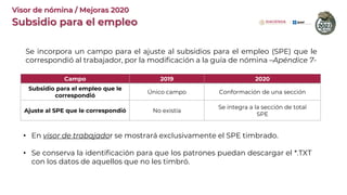 Campo 2019 2020
Subsidio para el empleo que le
correspondió
Único campo Conformación de una sección
Ajuste al SPE que le correspondió No existía
Se integra a la sección de total
SPE
Se incorpora un campo para el ajuste al subsidios para el empleo (SPE) que le
correspondió al trabajador, por la modificación a la guía de nómina –Apéndice 7-
• En visor de trabajador se mostrará exclusivamente el SPE timbrado.
• Se conserva la identificación para que los patrones puedan descargar el *.TXT
con los datos de aquellos que no les timbró.
Subsidio para el empleo
Visor de nómina / Mejoras 2020
 