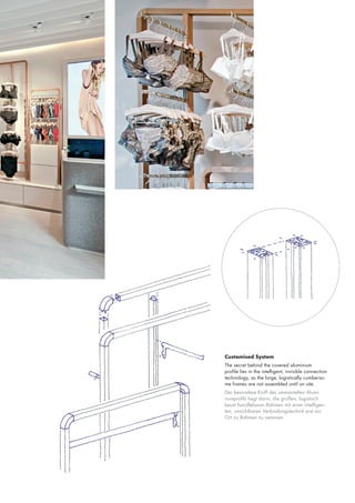 Customised System
The secret behind the covered aluminium
profile lies in the intelligent, invisible connection
technology, as the large, logistically cumbersome frames are not assembled until on site.
Der besondere Kniff des ummantelten Aluminumprofils liegt darin, die großen, logistisch
kaum handlebaren Rahmen mit einer intelligenten, unsichtbaren Verbindungstechnik erst vor
Ort zu Rahmen zu vereinen.

 