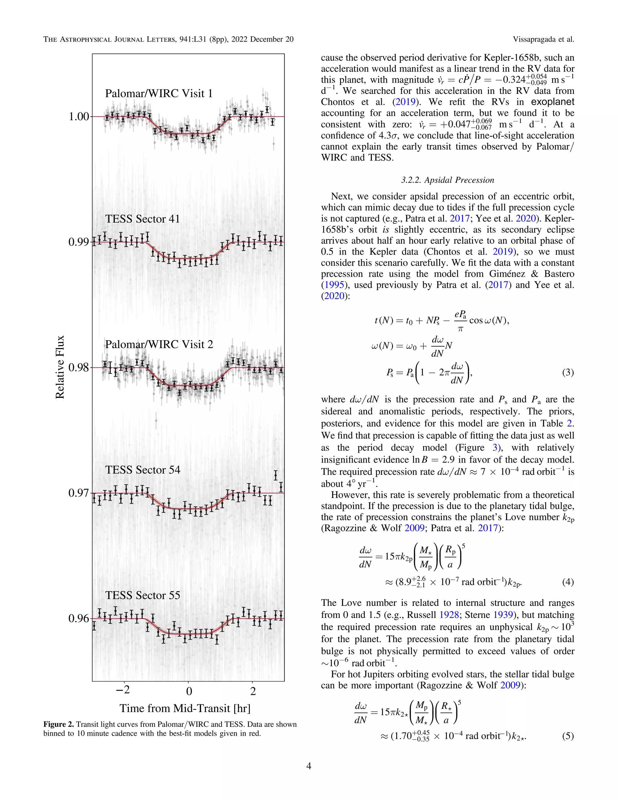 cause the observed period derivative for Kepler-1658b, such an
acceleration would manifest as a linear trend in the RV data for
this planet, with magnitude  
= = - -
+
v cP P 0.324
r 0.049
0.054
m s−1
d−1
. We searched for this acceleration in the RV data from
Chontos et al. (2019). We reﬁt the RVs in exoplanet
accounting for an acceleration term, but we found it to be
consistent with zero:  = + -
+
v 0.047
r 0.067
0.069
m s−1
d−1
. At a
conﬁdence of 4.3σ, we conclude that line-of-sight acceleration
cannot explain the early transit times observed by Palomar/
WIRC and TESS.
3.2.2. Apsidal Precession
Next, we consider apsidal precession of an eccentric orbit,
which can mimic decay due to tides if the full precession cycle
is not captured (e.g., Patra et al. 2017; Yee et al. 2020). Kepler-
1658b’s orbit is slightly eccentric, as its secondary eclipse
arrives about half an hour early relative to an orbital phase of
0.5 in the Kepler data (Chontos et al. 2019), so we must
consider this scenario carefully. We ﬁt the data with a constant
precession rate using the model from Giménez & Bastero
(1995), used previously by Patra et al. (2017) and Yee et al.
(2020):
⎛
⎝
⎞
⎠
( ) ( )
( )
( )
p
w
w w
w
p
w
= + -
= +
= -
t N t NP
eP
N
N
d
dN
N
P P
d
dN
cos ,
1 2 , 3
0 s
a
0
s a
where w
d dN is the precession rate and Ps and Pa are the
sidereal and anomalistic periods, respectively. The priors,
posteriors, and evidence for this model are given in Table 2.
We ﬁnd that precession is capable of ﬁtting the data just as well
as the period decay model (Figure 3), with relatively
insigniﬁcant evidence =
B
ln 2.9 in favor of the decay model.
The required precession rate w » ´ -
d dN 7 10 4 rad orbit−1
is
about 4° yr−1
.
However, this rate is severely problematic from a theoretical
standpoint. If the precession is due to the planetary tidal bulge,
the rate of precession constrains the planet’s Love number k2p
(Ragozzine & Wolf 2009; Patra et al. 2017):

⎜ ⎟
⎛
⎝
⎞
⎠
⎛
⎝
⎞
⎠
( ) ( )
w
p
=
» ´
-
+ - -
d
dN
k
M
M
R
a
k
15
8.9 10 rad orbit . 4
2p
p
p
5
2.1
2.6 7 1
2p
The Love number is related to internal structure and ranges
from 0 and 1.5 (e.g., Russell 1928; Sterne 1939), but matching
the required precession rate requires an unphysical k2p ∼ 103
for the planet. The precession rate from the planetary tidal
bulge is not physically permitted to exceed values of order
∼10−6
rad orbit−1
.
For hot Jupiters orbiting evolved stars, the stellar tidal bulge
can be more important (Ragozzine & Wolf 2009):




⎜ ⎟
⎛
⎝
⎞
⎠
⎛
⎝
⎞
⎠
( ) ( )
w
p
=
» ´
-
+ - -
d
dN
k
M
M
R
a
k
15
1.70 10 rad orbit . 5
2
p
5
0.35
0.45 4 1
2
Figure 2. Transit light curves from Palomar/WIRC and TESS. Data are shown
binned to 10 minute cadence with the best-ﬁt models given in red.
4
The Astrophysical Journal Letters, 941:L31 (8pp), 2022 December 20 Vissapragada et al.
 