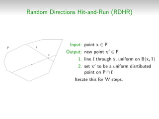 Random Directions Hit-and-Run (RDHR)
x
P
Input: point x ∈ P
Output: new point x ∈ P
1. line through x, uniform on B(x, 1)
...
